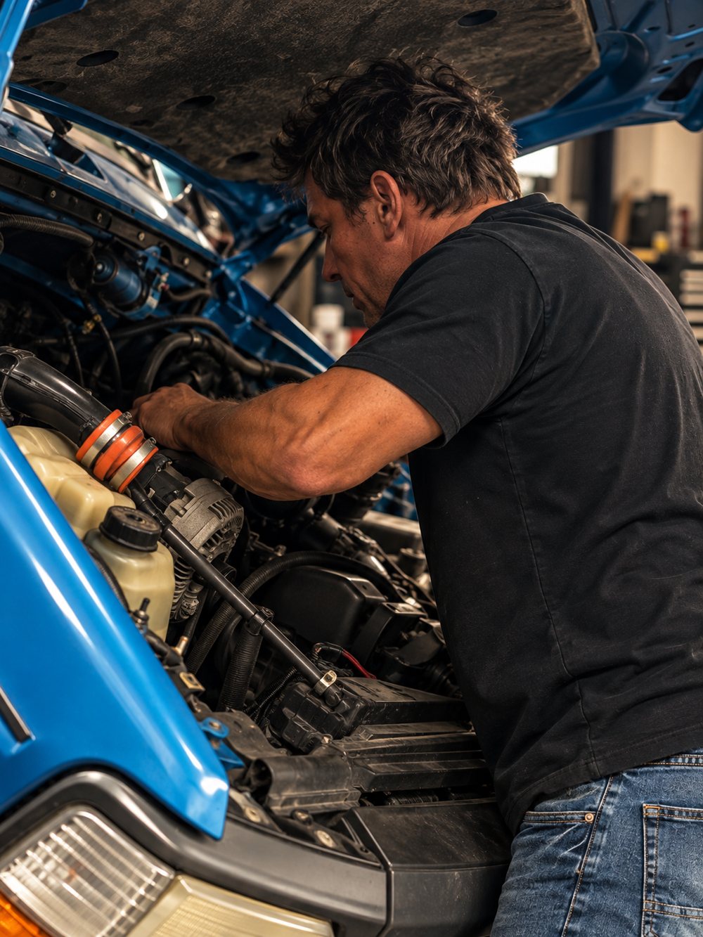 Chris working under the hood of a blue Ford truck